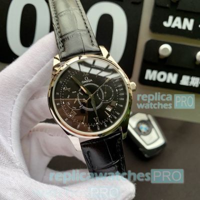 New Replica Omega Complications Black Dial With Leather Strap Watch